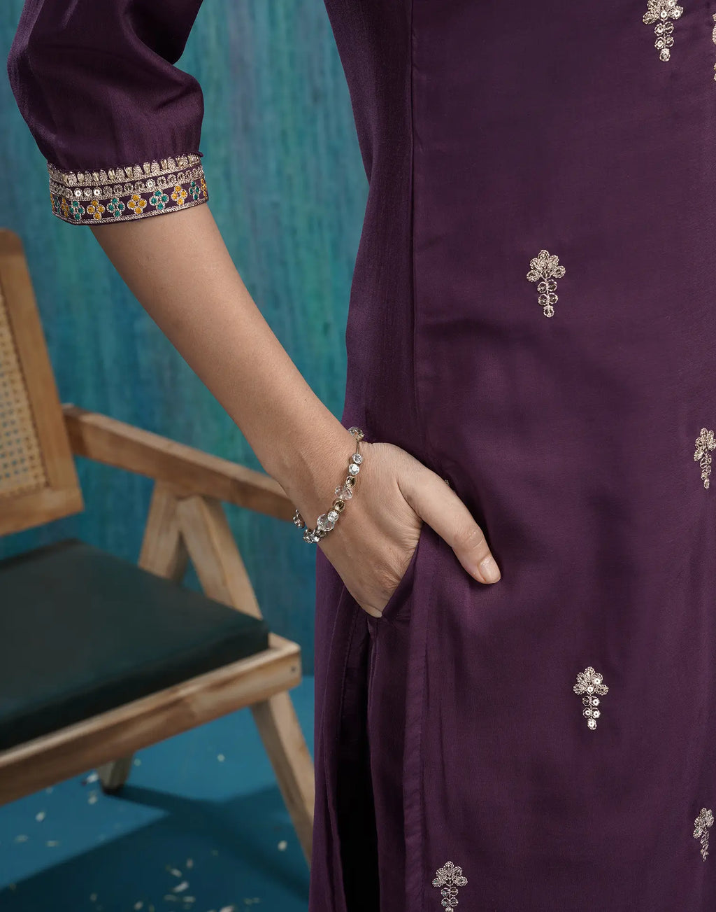 Silk Blend Embroidered Straight 3 Piece Kurta Set