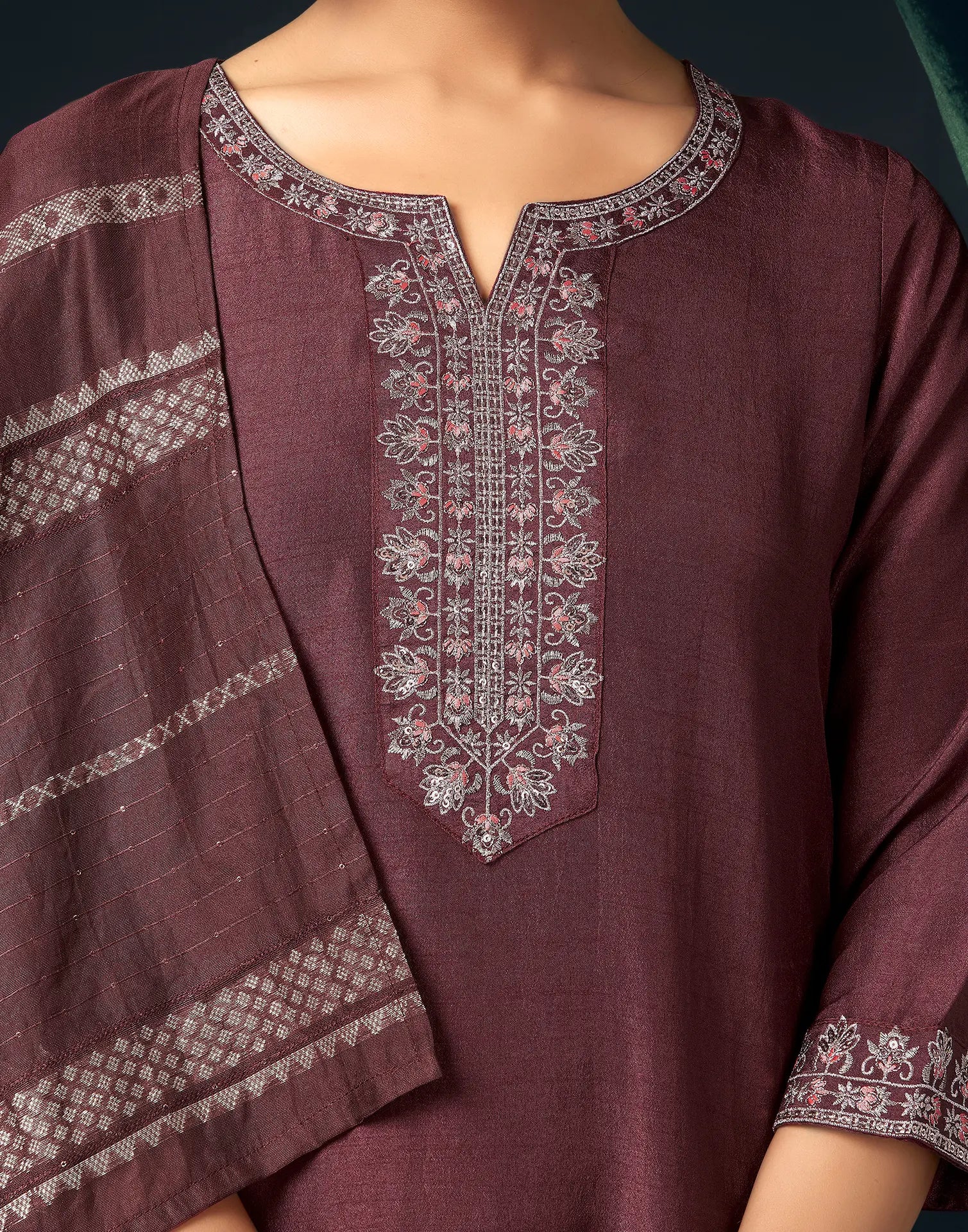 Silk Blend Embroidered Straight 3 Piece Kurta Set
