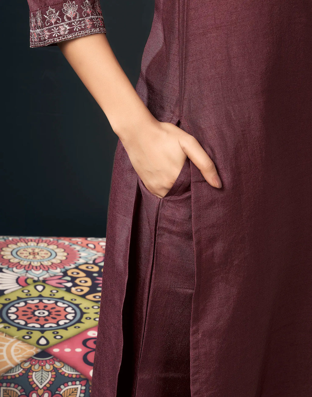 Silk Blend Embroidered Straight 3 Piece Kurta Set