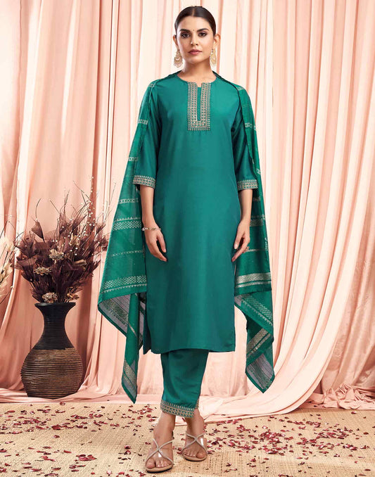 Silk Blend Embroidered Straight Kurta with Pant & Dupatta