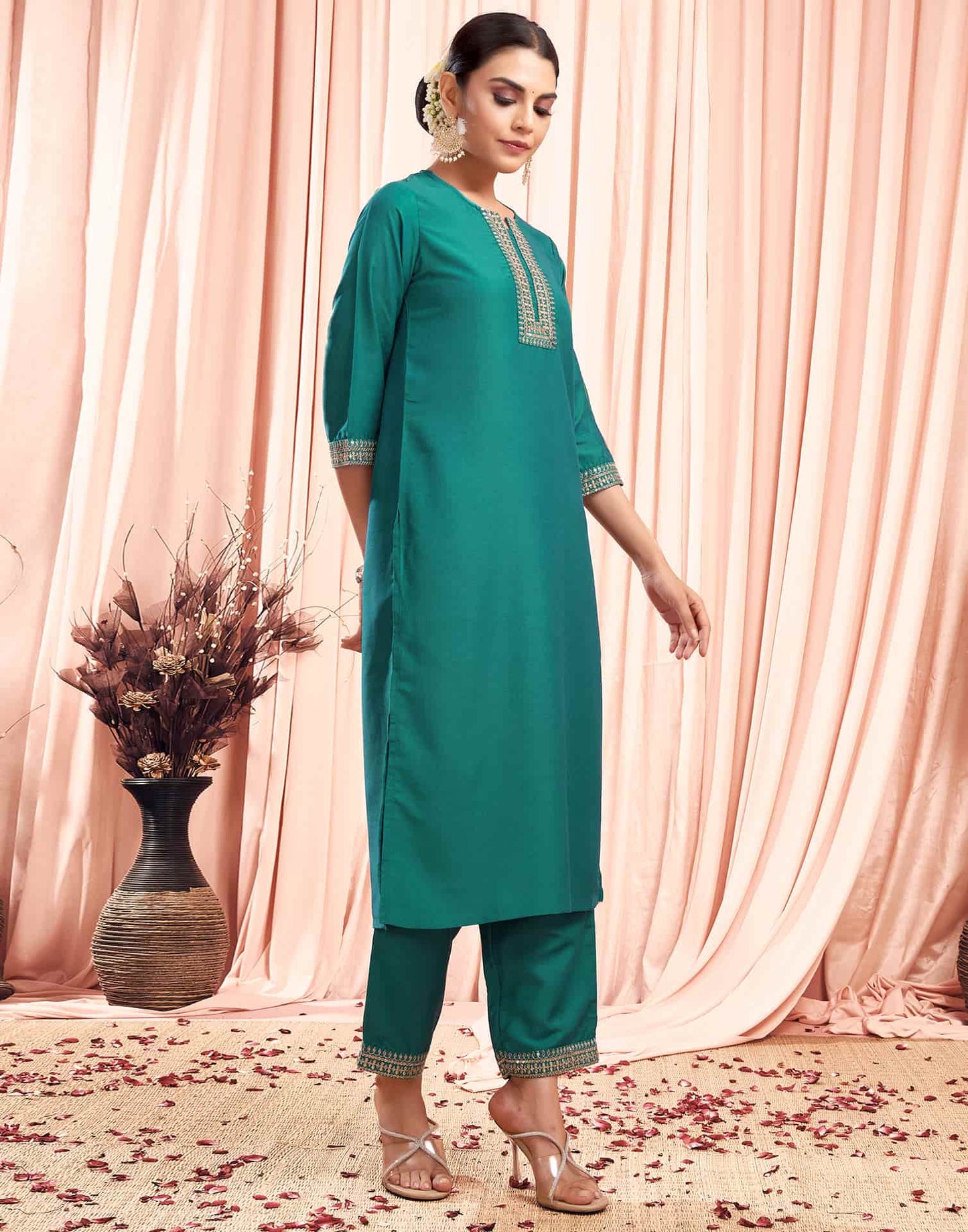 Silk Blend Embroidered Straight Kurta with Pant & Dupatta