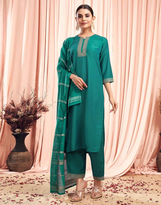 Silk Blend Embroidered Straight Kurta with Pant & Dupatta