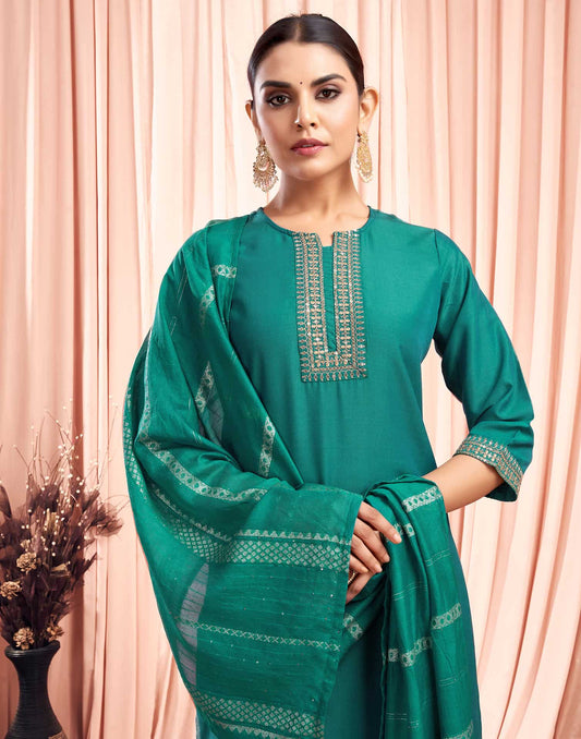 Silk Blend Embroidered Straight Kurta with Pant & Dupatta