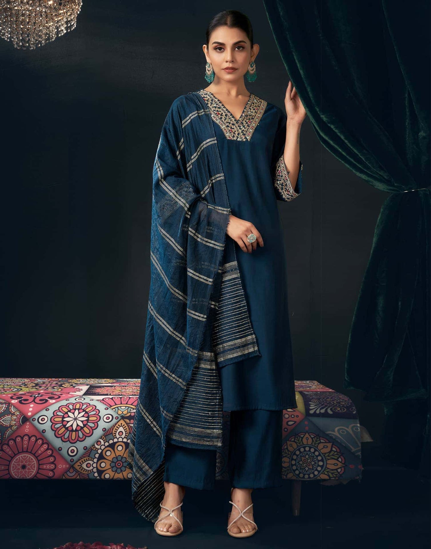 Rayon Blend Embroidered Straight Kurta with Pant & Dupatta