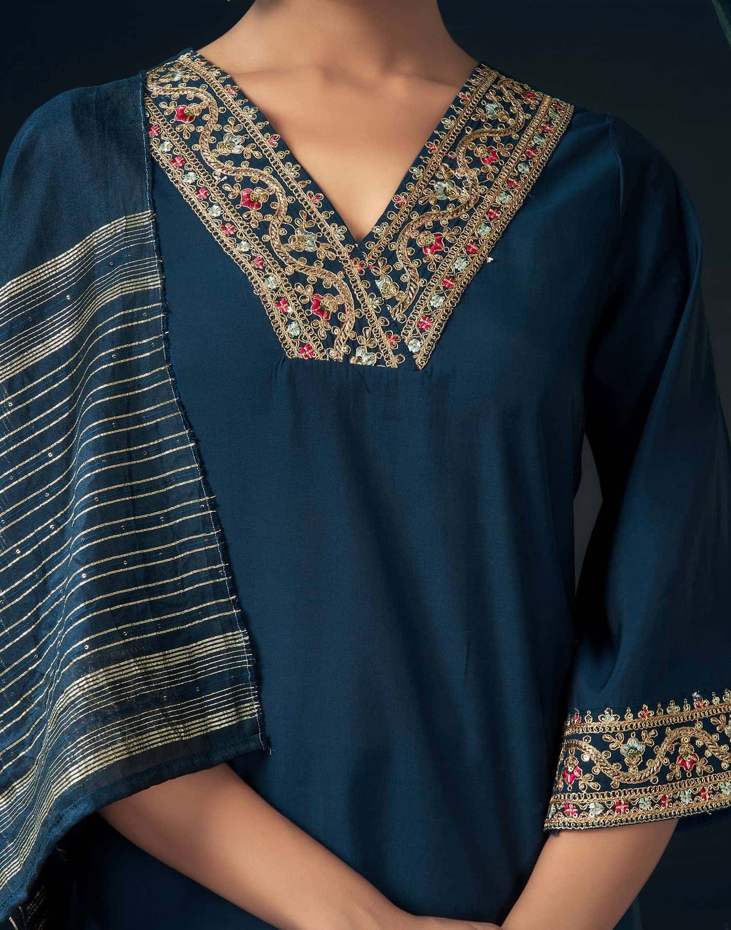 Rayon Blend Embroidered Straight Kurta with Pant & Dupatta