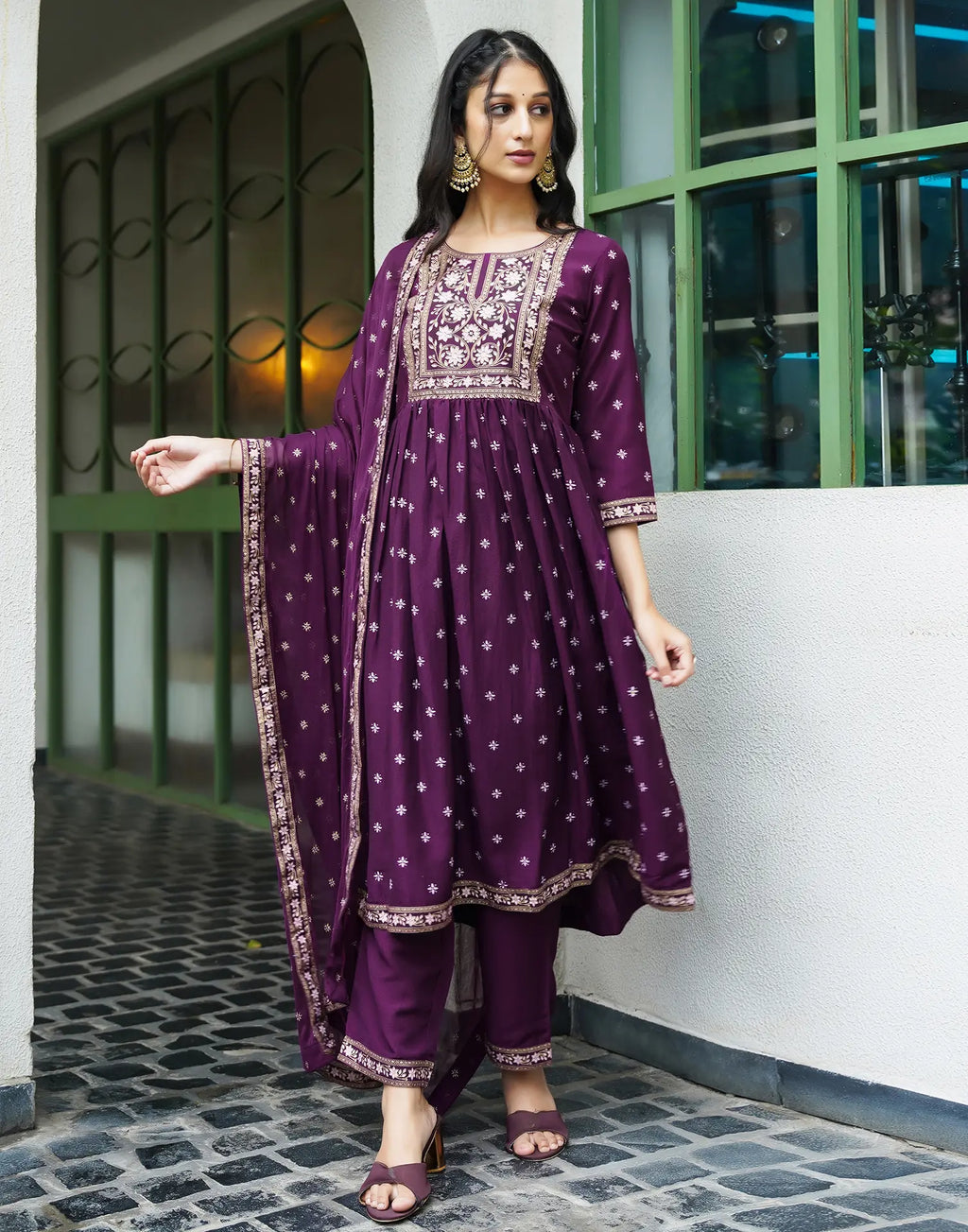 Poly Chinnon Floral Print A-Line 3 Piece Kurta Set
