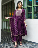 Poly Chinnon Floral Print A-Line 3 Piece Kurta Set