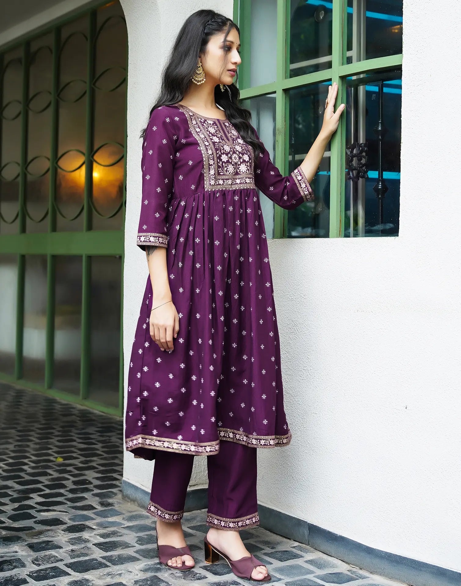 Poly Chinnon Floral Print A-Line 3 Piece Kurta Set