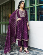 Poly Chinnon Floral Print A-Line 3 Piece Kurta Set