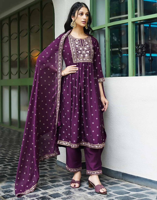 Silk Blend Foil Printed, Floral Printed and Printed Lace Anarkali Kurta with Pant & Dupatta