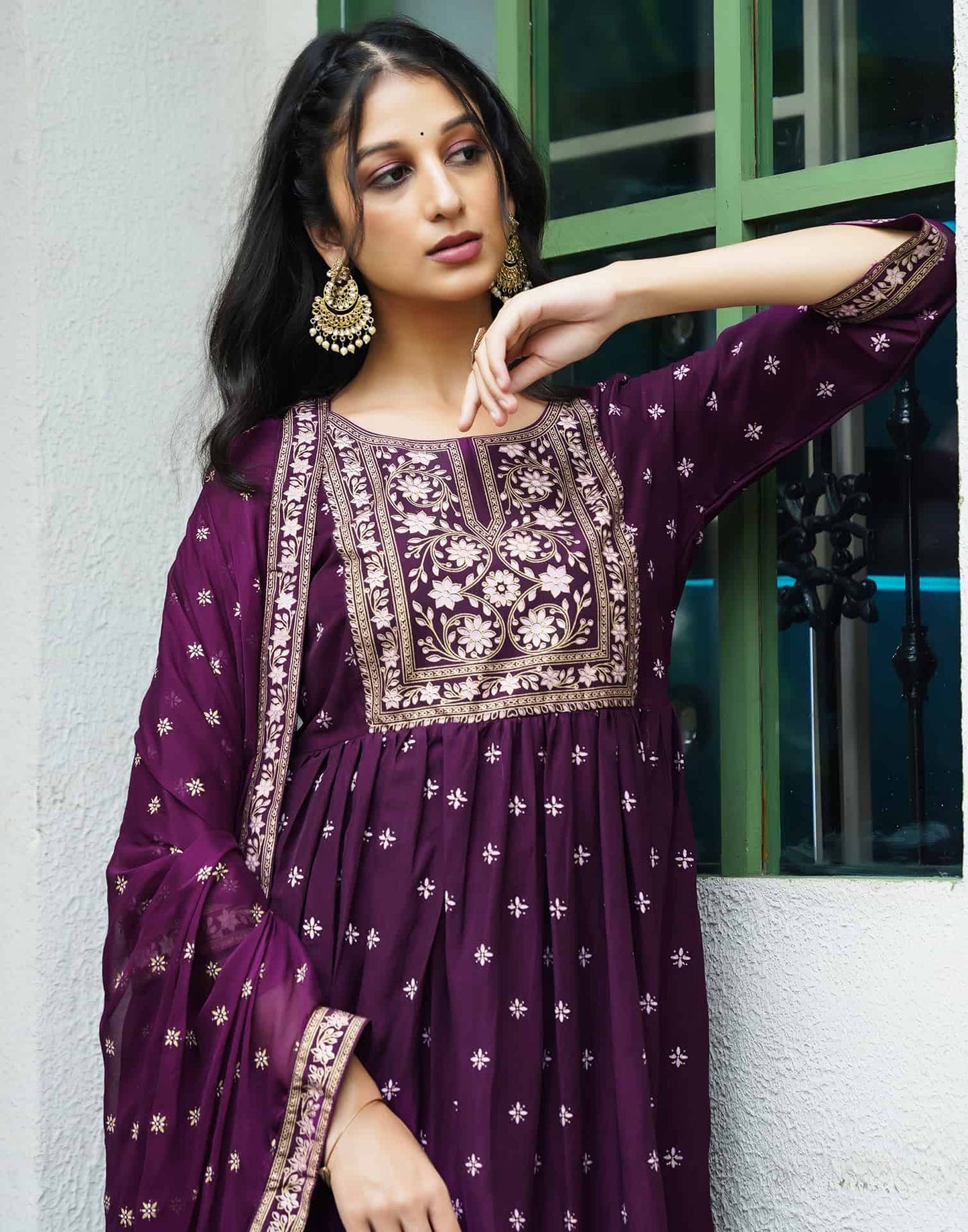 Silk Blend Foil Printed, Floral Printed and Printed Lace Anarkali Kurta with Pant & Dupatta