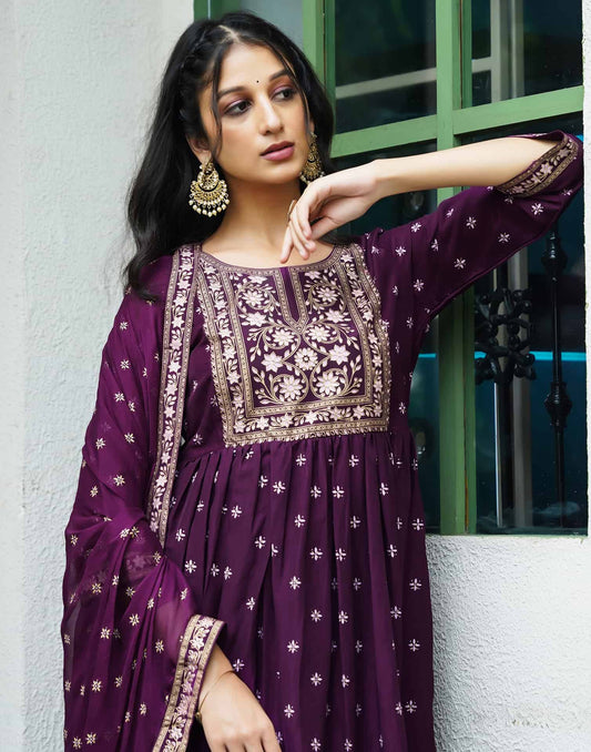 Silk Blend Foil Printed, Floral Printed and Printed Lace Anarkali Kurta with Pant & Dupatta