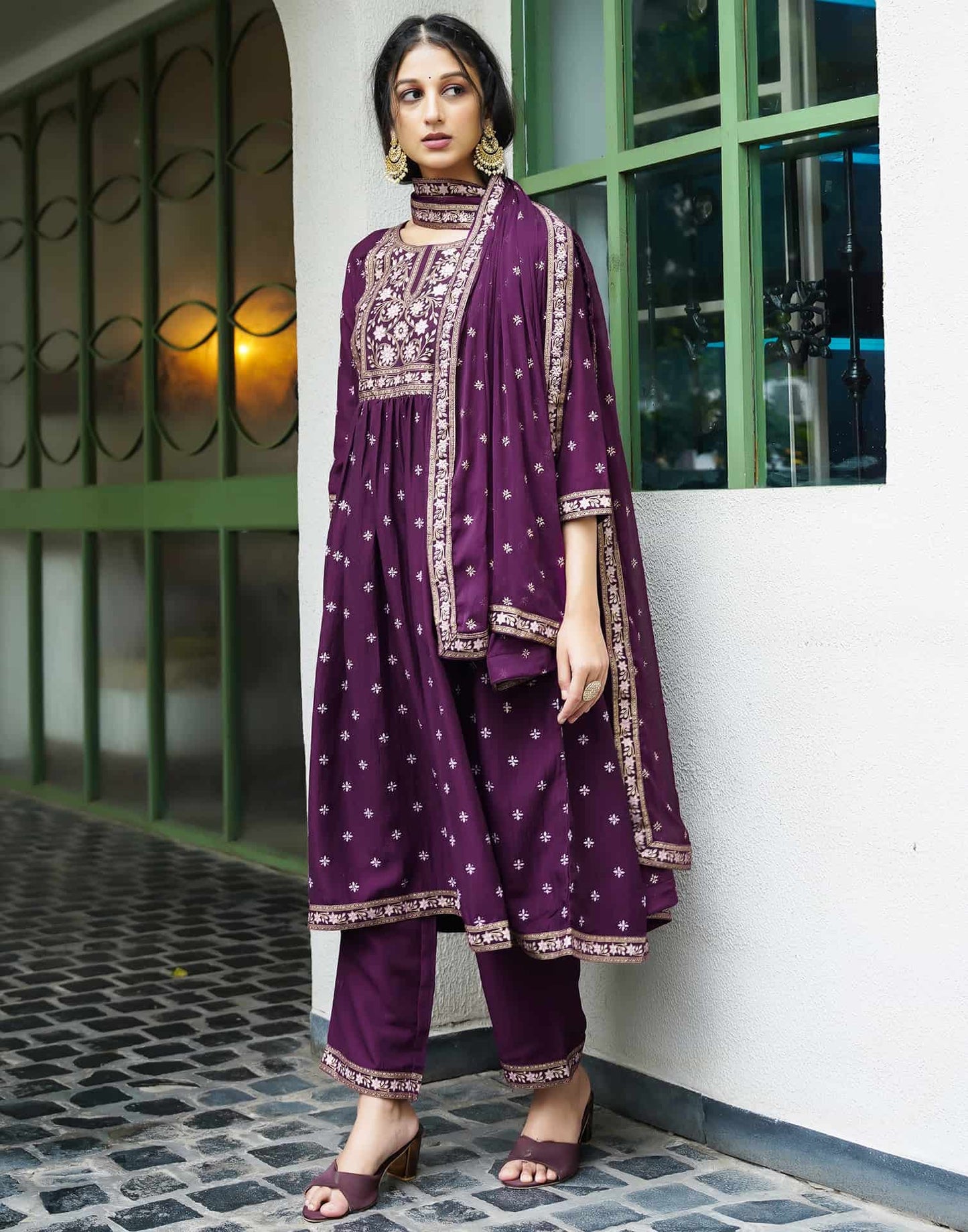Silk Blend Foil Printed, Floral Printed and Printed Lace Anarkali Kurta with Pant & Dupatta