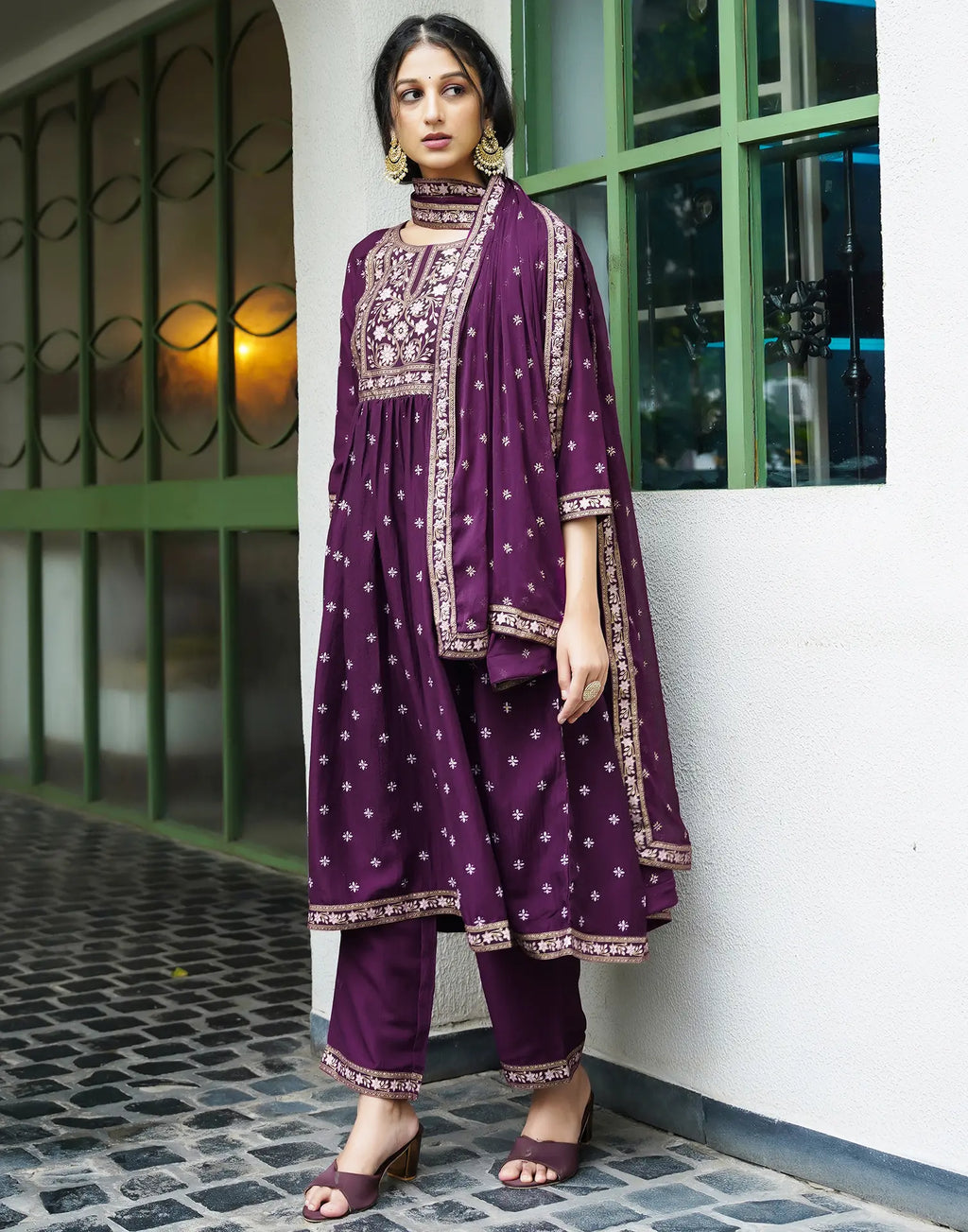 Poly Chinnon Floral Print A-Line 3 Piece Kurta Set