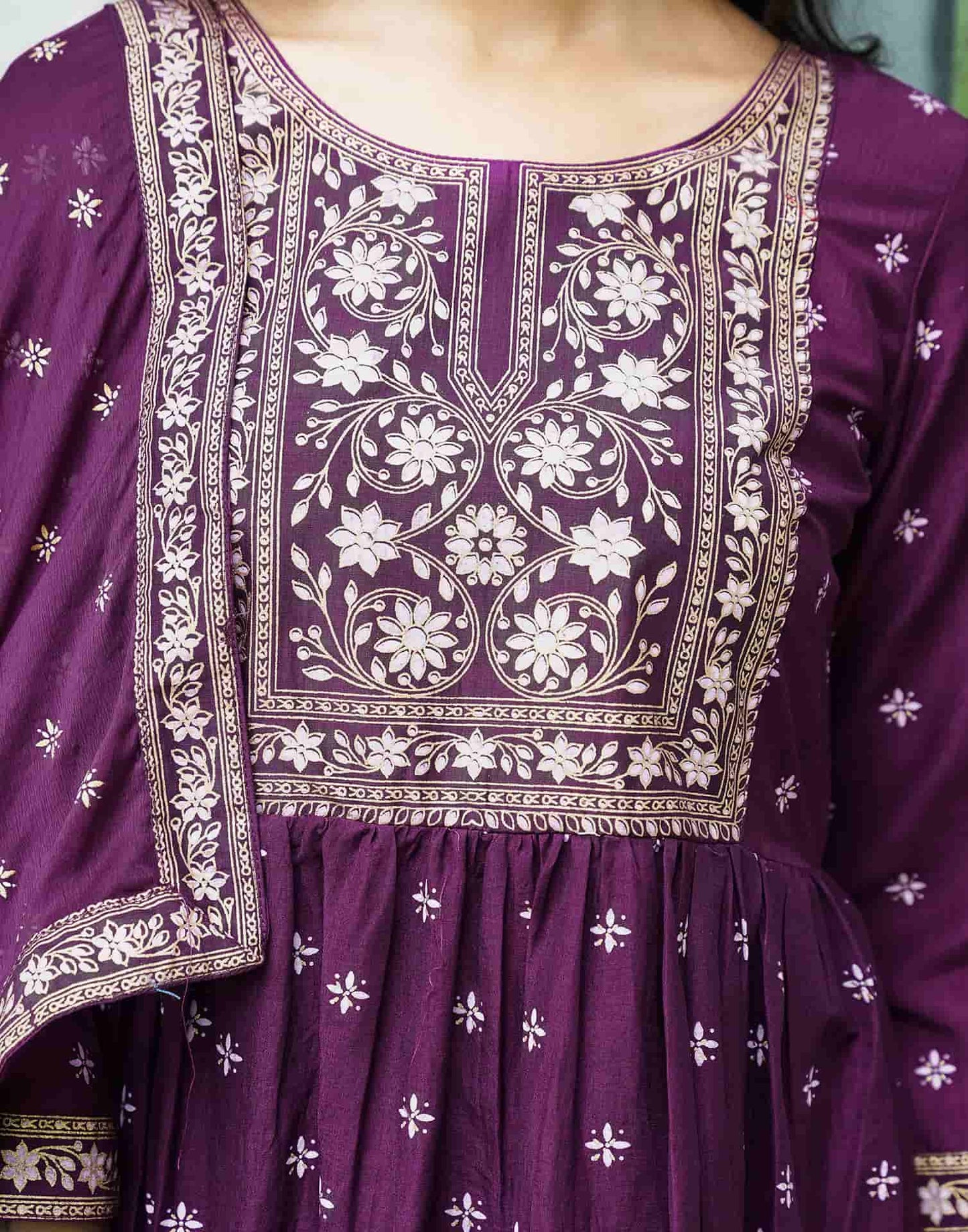 Silk Blend Foil Printed, Floral Printed and Printed Lace Anarkali Kurta with Pant & Dupatta