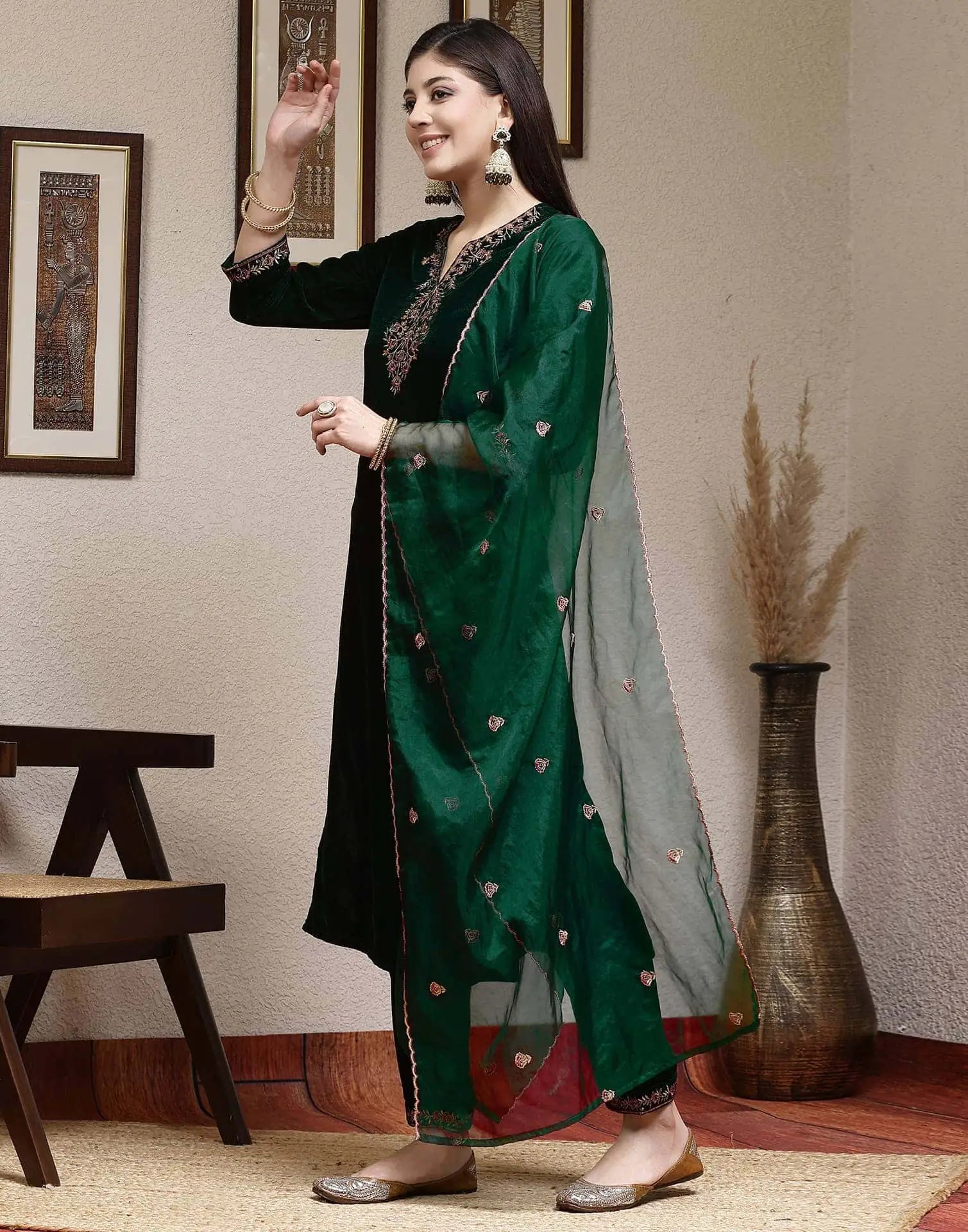 Affordable Dark Green Velvet Kurta Set with dupatta 