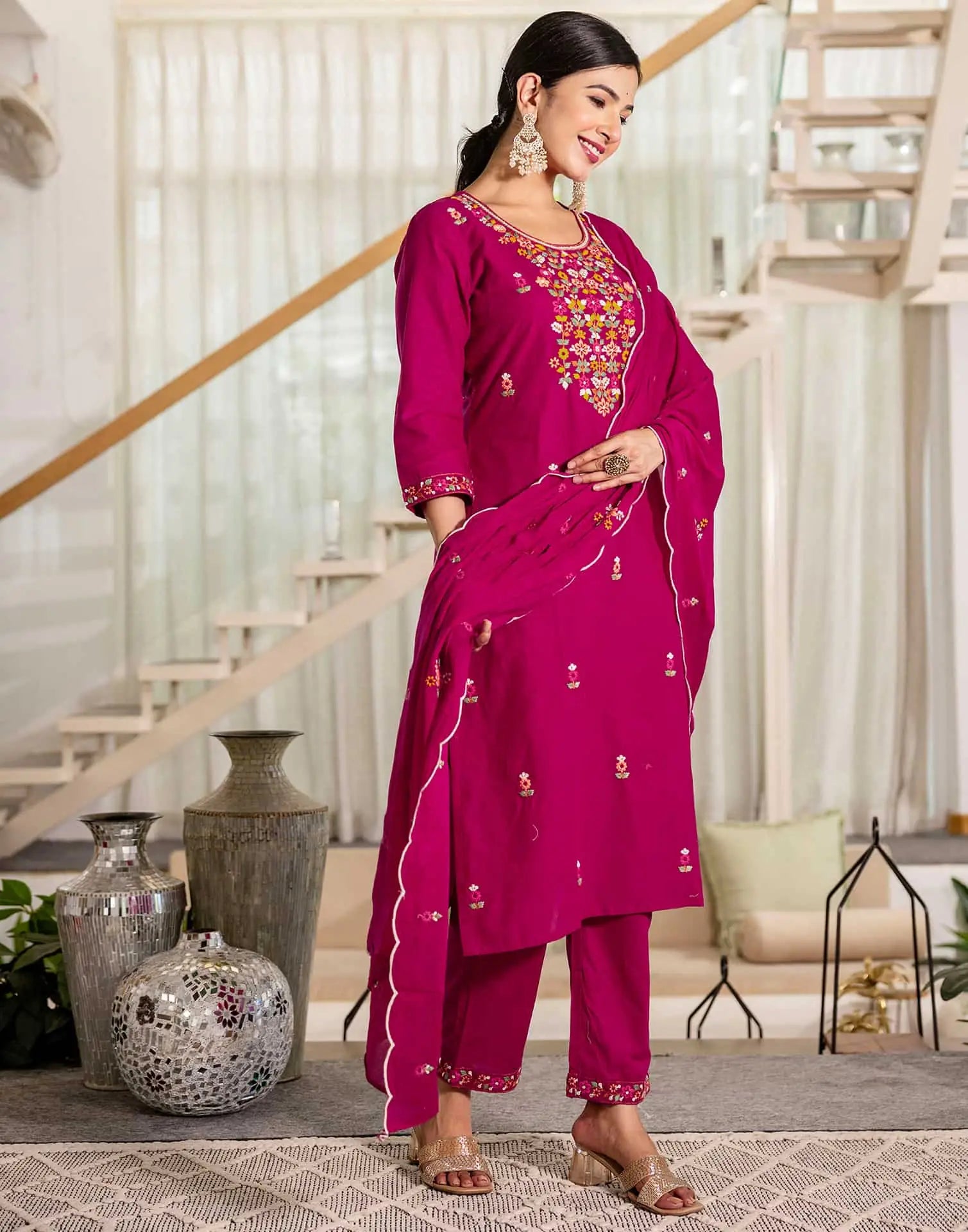 Skylee Pink Cotton Embroidered Straight Kurta with Pant & Dupatta