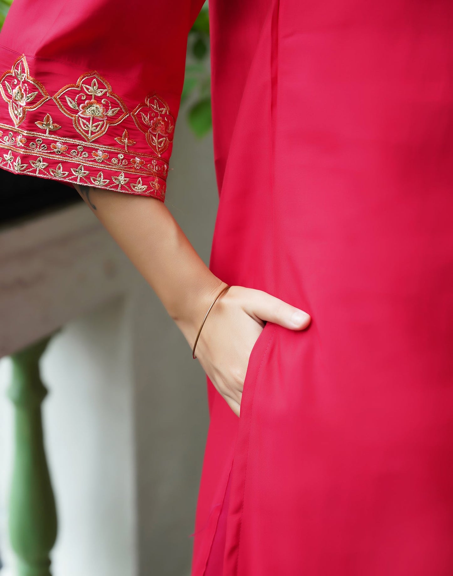 Silk Blend Embroidered Straight Kurta with Pant & Dupatta