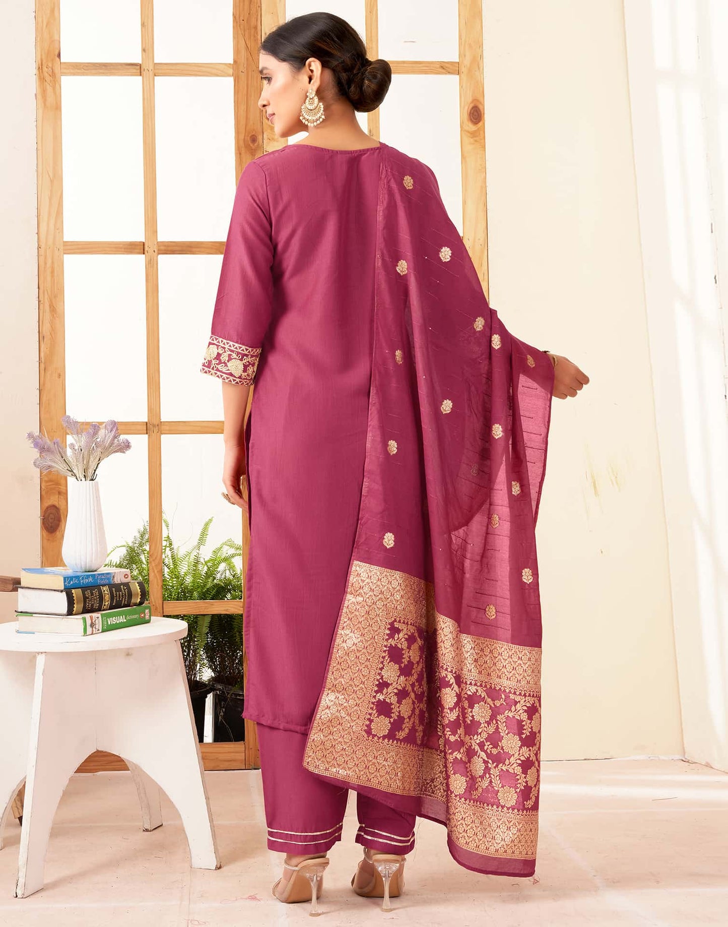 Silk Blend Solid Straight Kurta with Pant & Dupatta