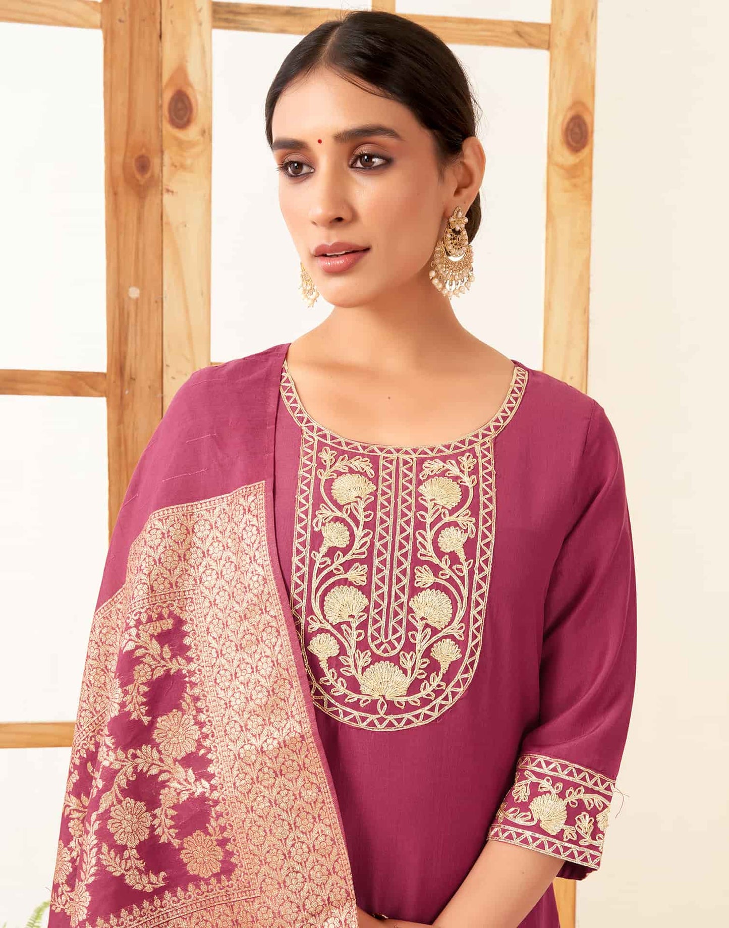 Silk Blend Solid Straight Kurta with Pant & Dupatta