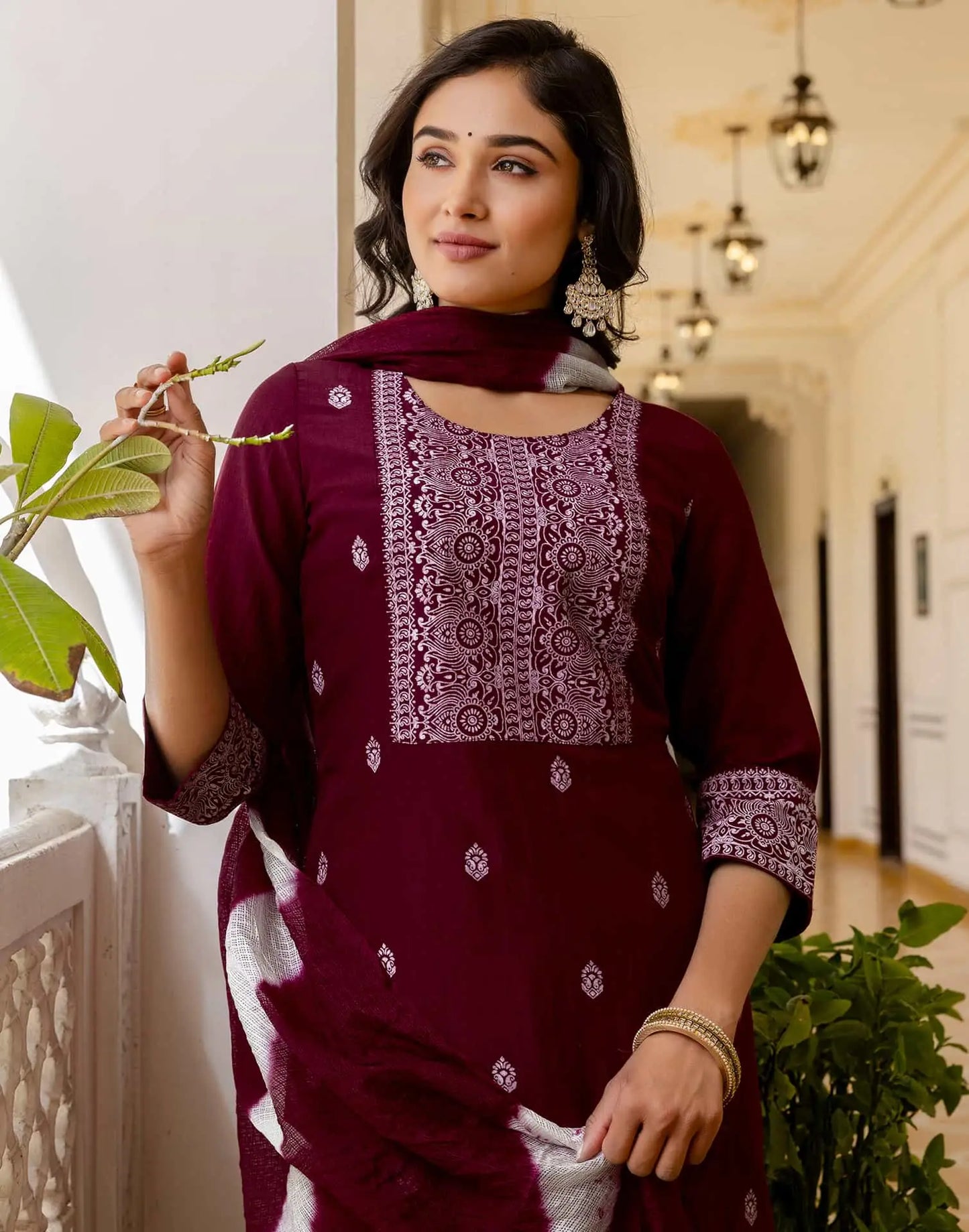 Silk Blend Pigment Printed and Printed Lace Straight Kurta with Pant & Dupatta