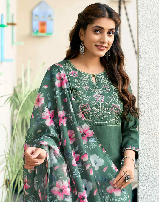 Silk Blend Embroidered Straight Kurta with Pant & Dupatta