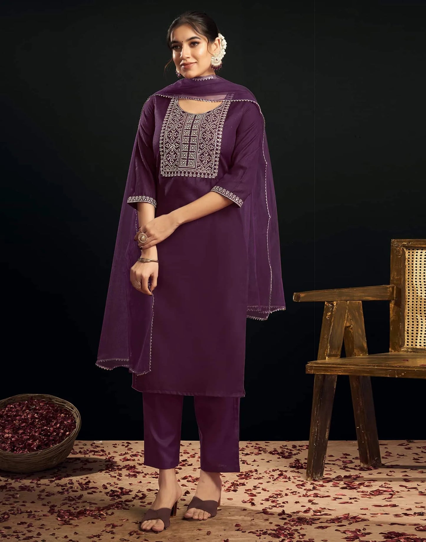 Cotton Blend Embroidery and Sequins Work Straight Kurta with Pant & Dupatta