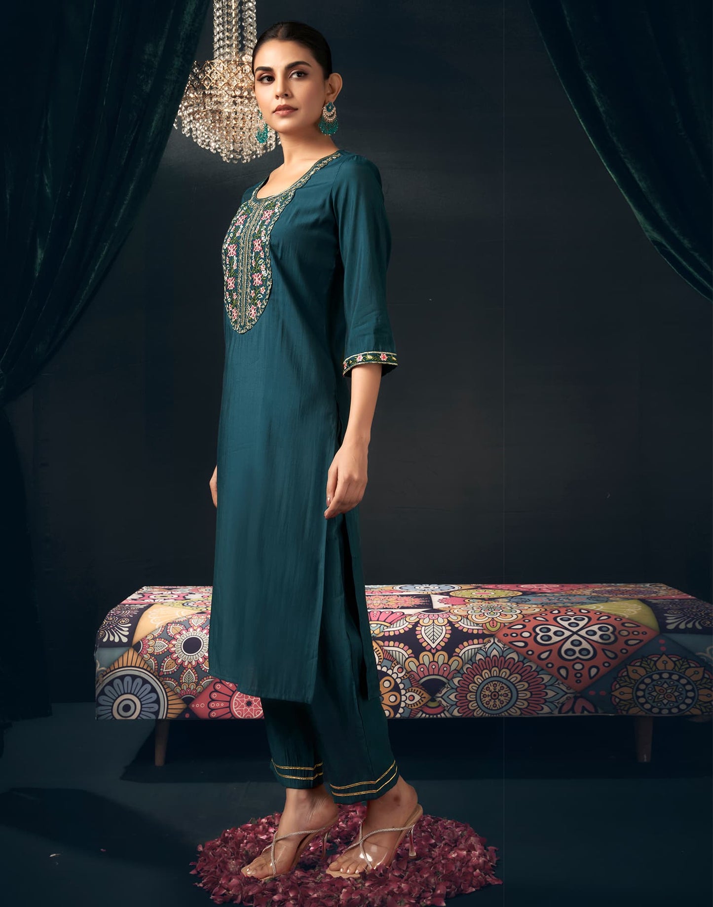 Silk Blend Embroidered Straight Kurta with Pant & Dupatta