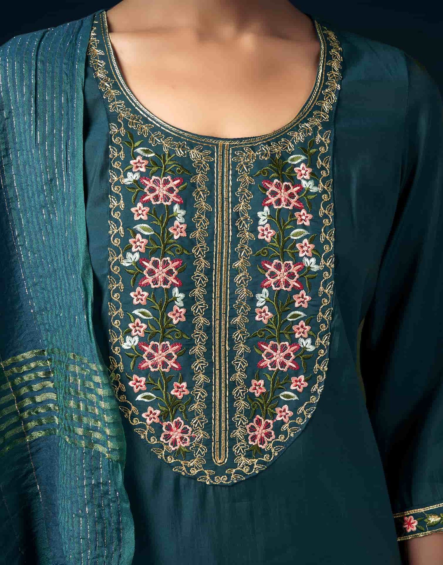 Silk Blend Embroidered Straight Kurta with Pant & Dupatta
