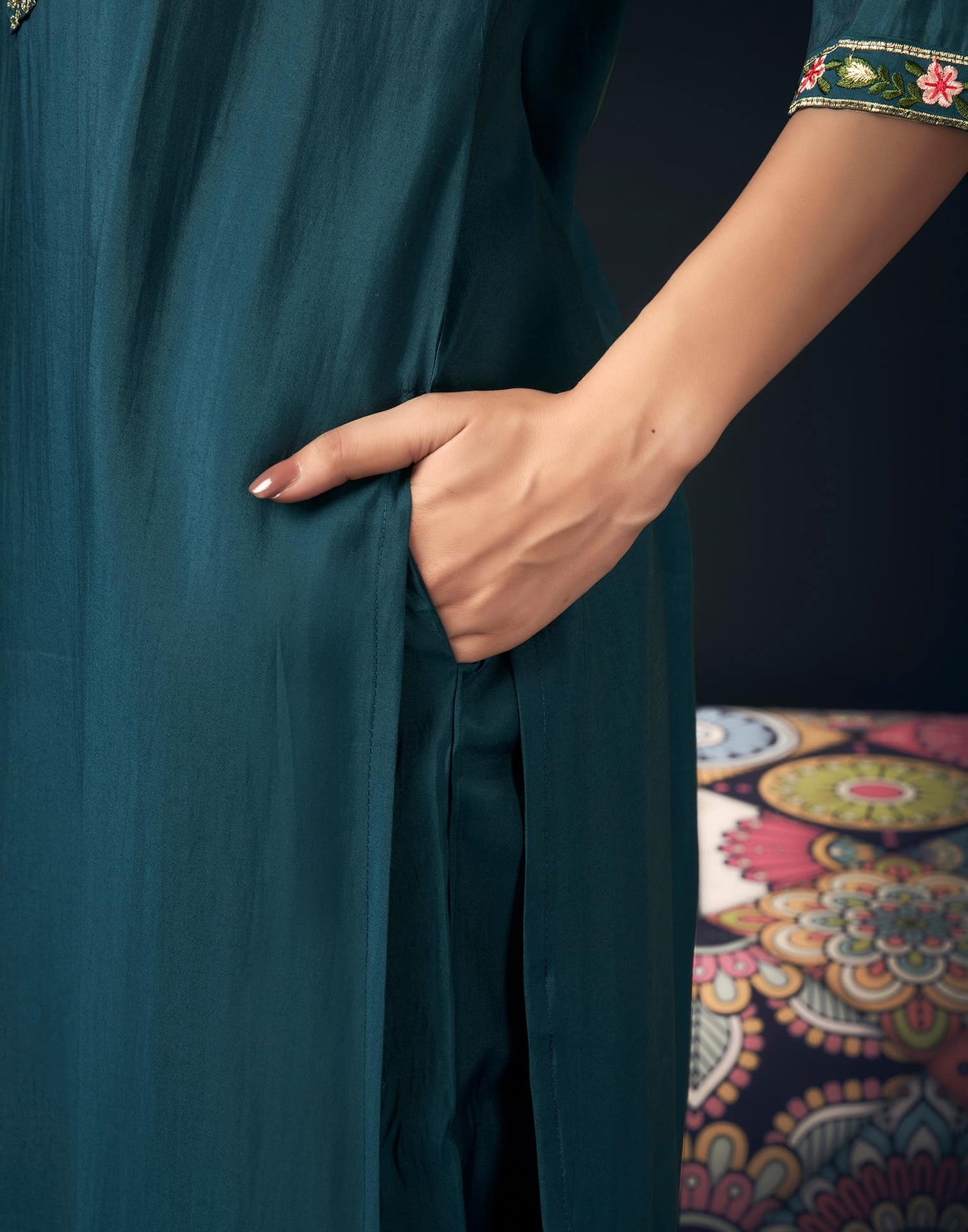 Silk Blend Embroidered Straight Kurta with Pant & Dupatta
