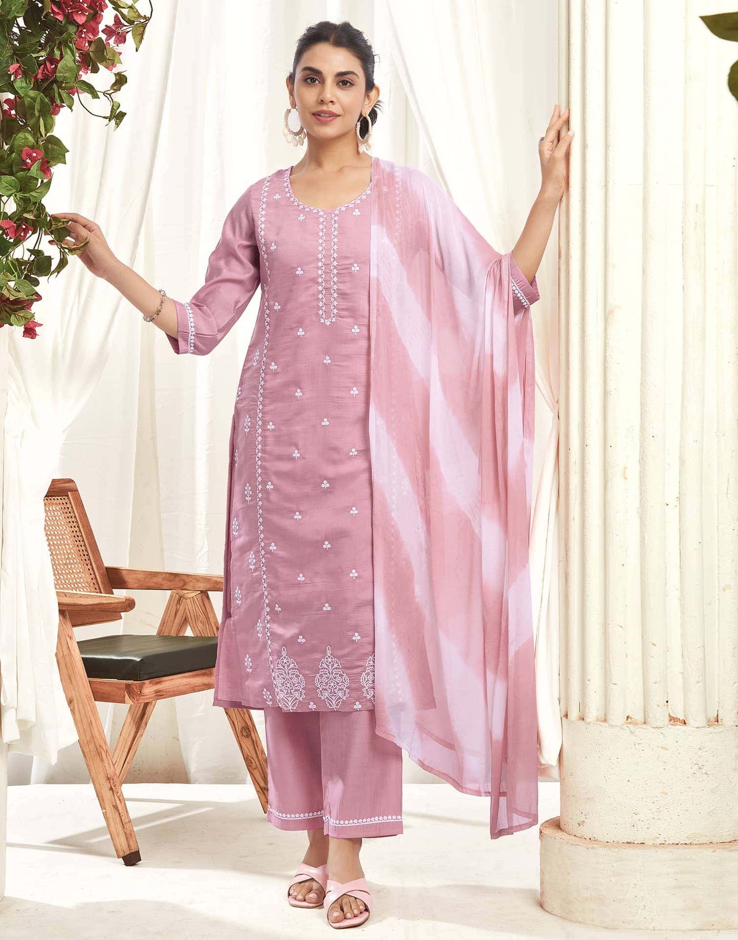Silk Embroidery Work, Lace Straight Kurta with Pant & Dupatta