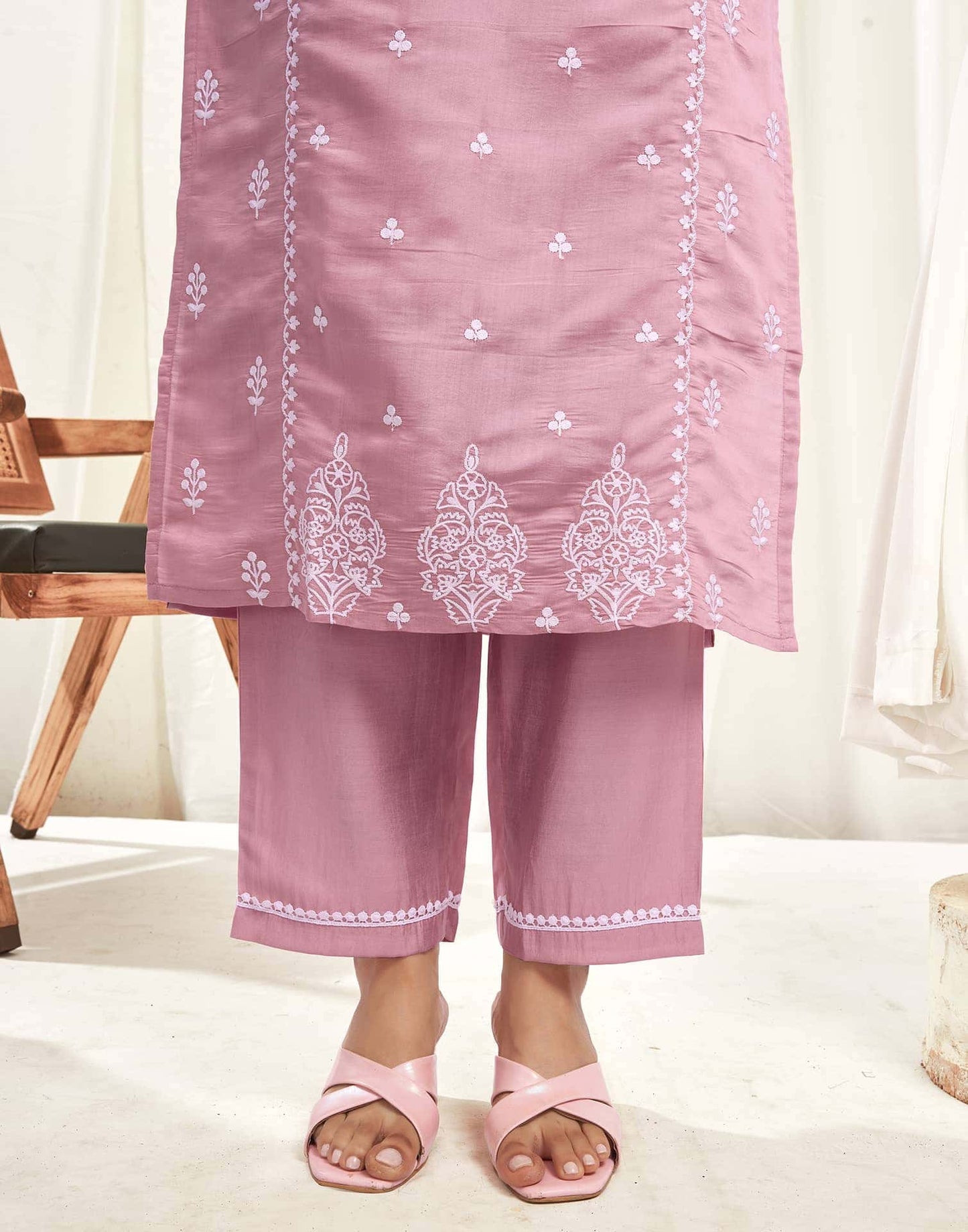 Silk Embroidery Work, Lace Straight Kurta with Pant & Dupatta