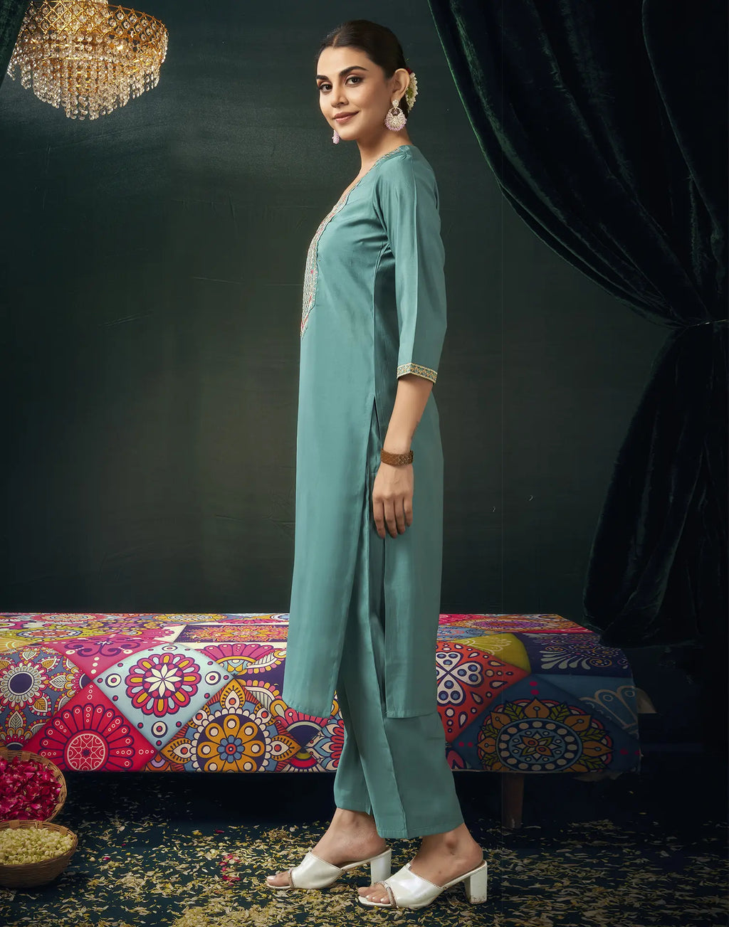 Silk Blend Embroidered Straight 3 Piece Kurta Set