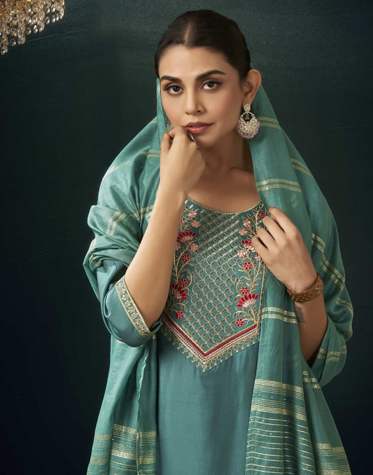 Silk Blend Embroidered Straight Kurta with Pant & Dupatta