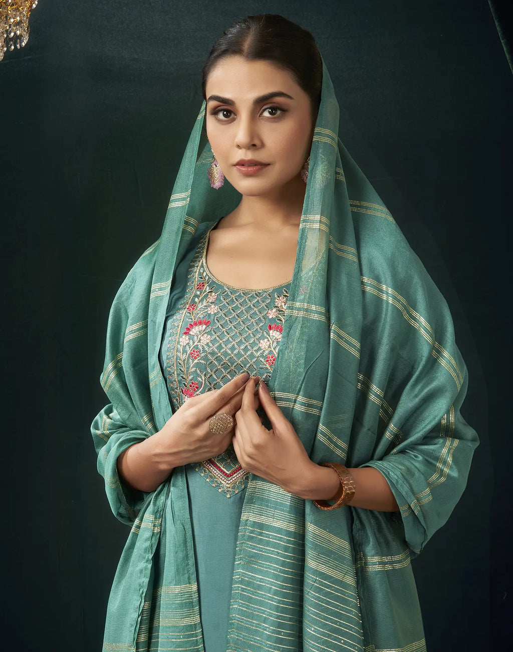 Silk Blend Embroidered Straight 3 Piece Kurta Set