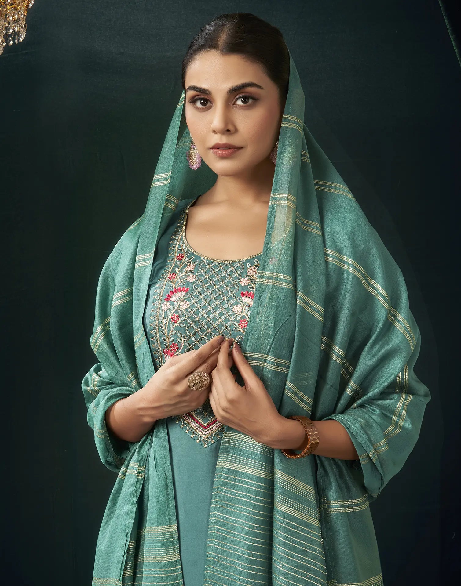 Silk Blend Embroidered Straight 3 Piece Kurta Set
