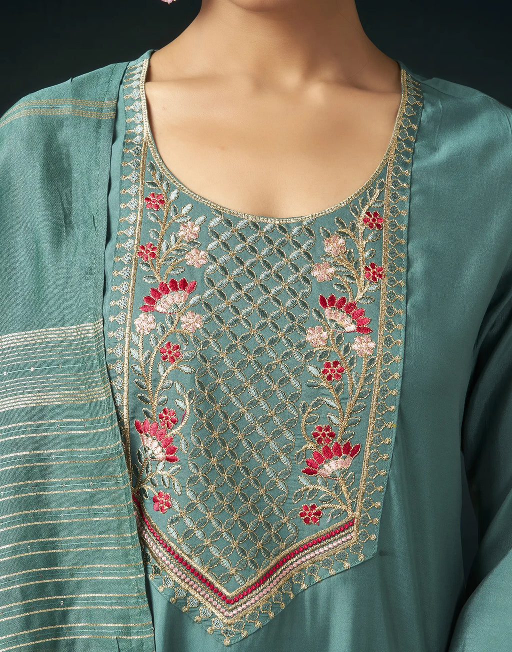 Silk Blend Embroidered Straight 3 Piece Kurta Set