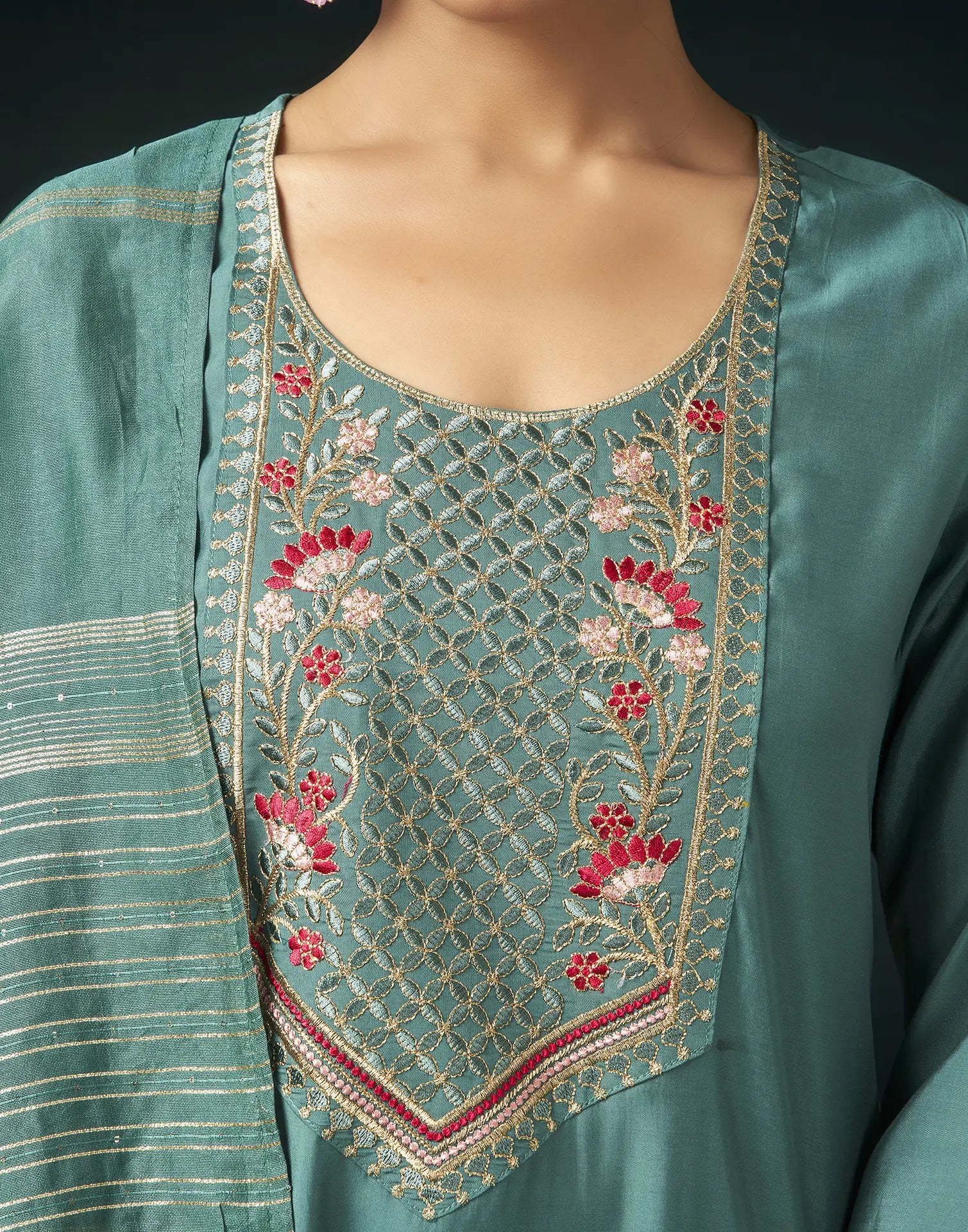 Silk Blend Embroidered Straight 3 Piece Kurta Set