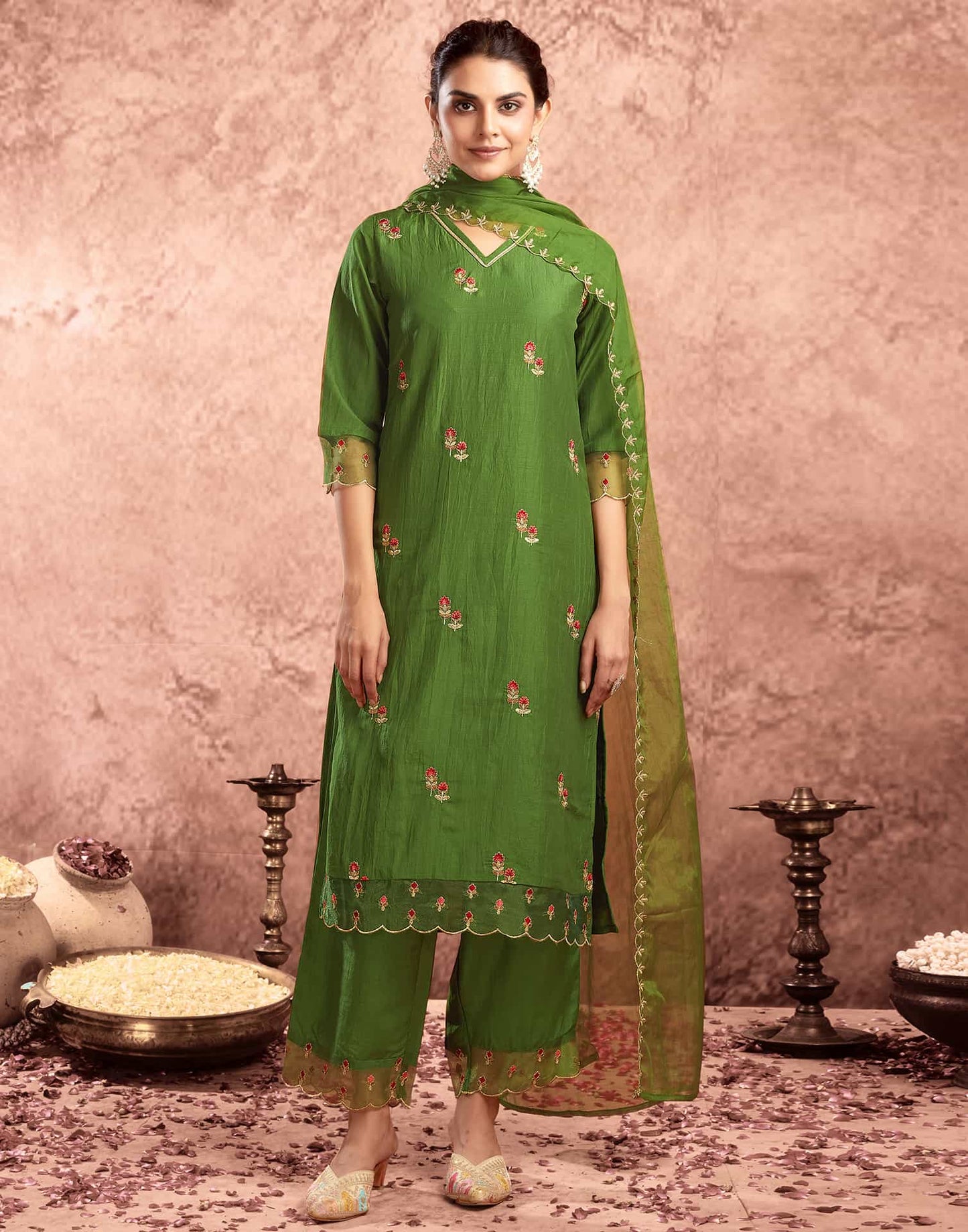 Silk Blend Embroidery and Lace Straight Kurta with Pant & Dupatta