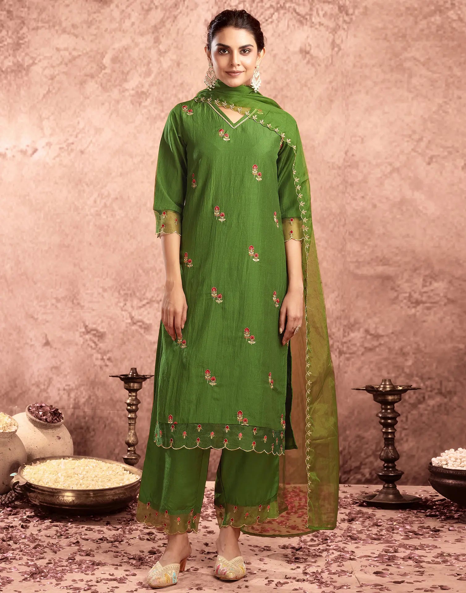 Poly Chinnon Embroidered Straight 3 Piece Kurta Set