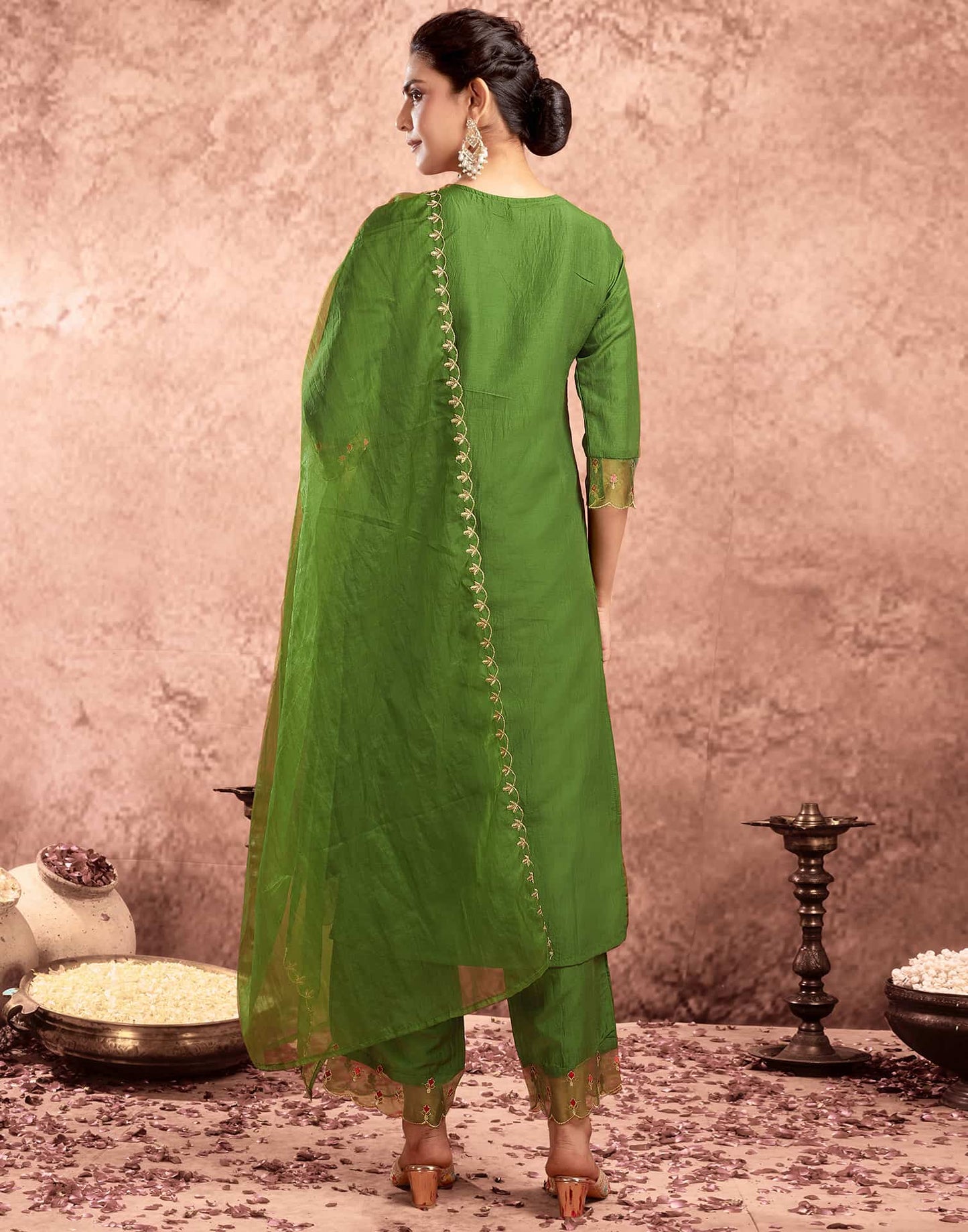 Silk Blend Embroidery and Lace Straight Kurta with Pant & Dupatta