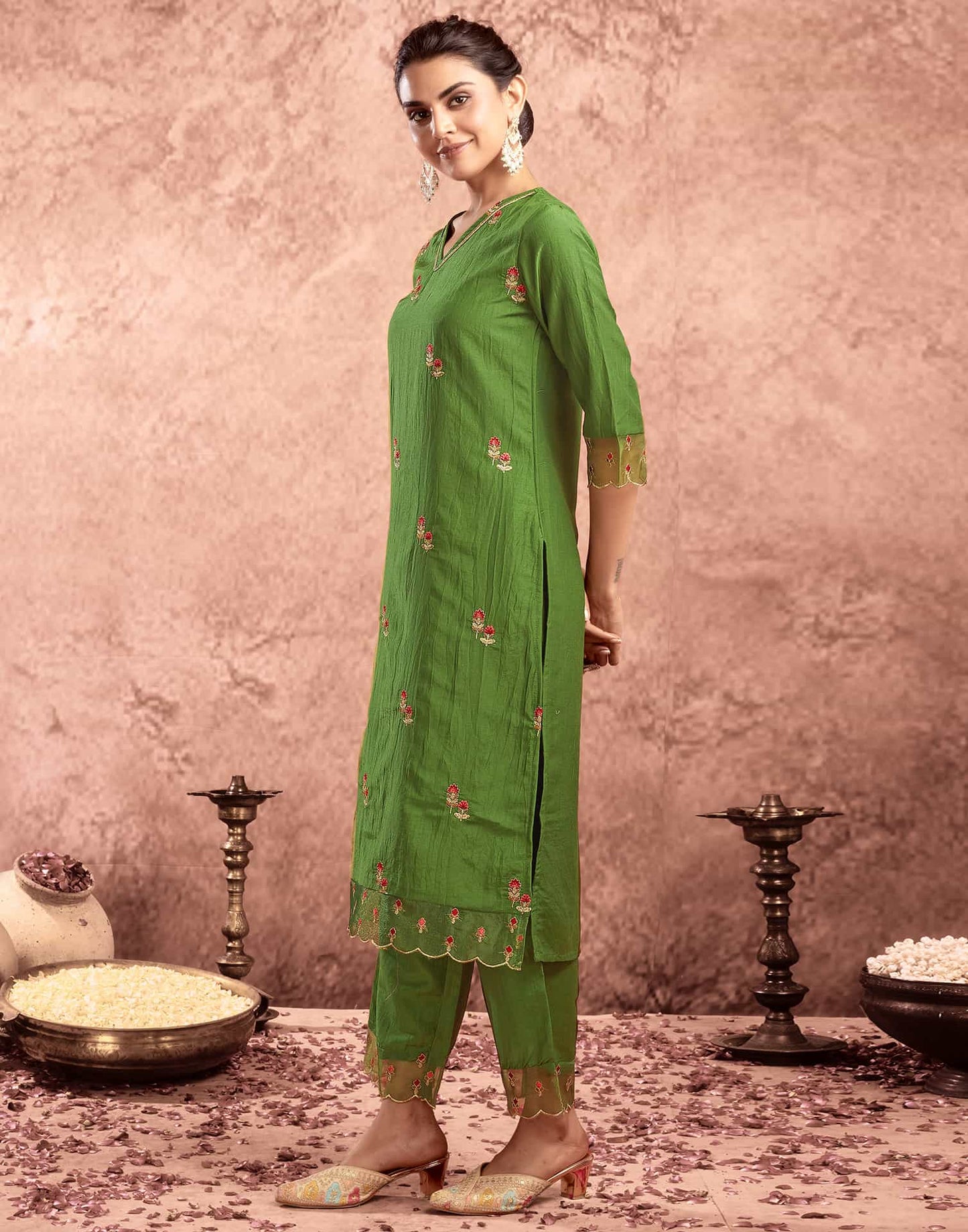 Silk Blend Embroidery and Lace Straight Kurta with Pant & Dupatta