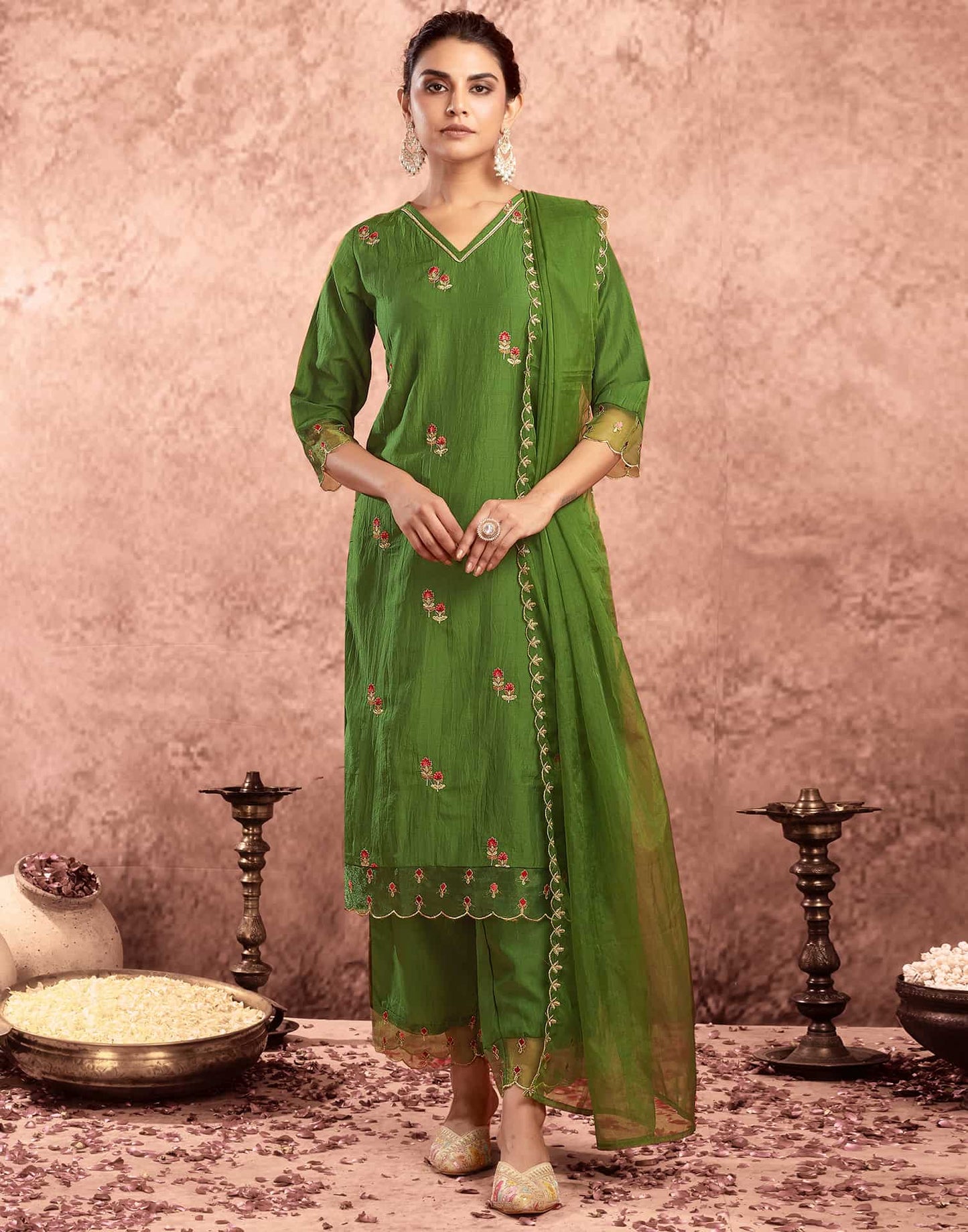 Silk Blend Embroidery and Lace Straight Kurta with Pant & Dupatta