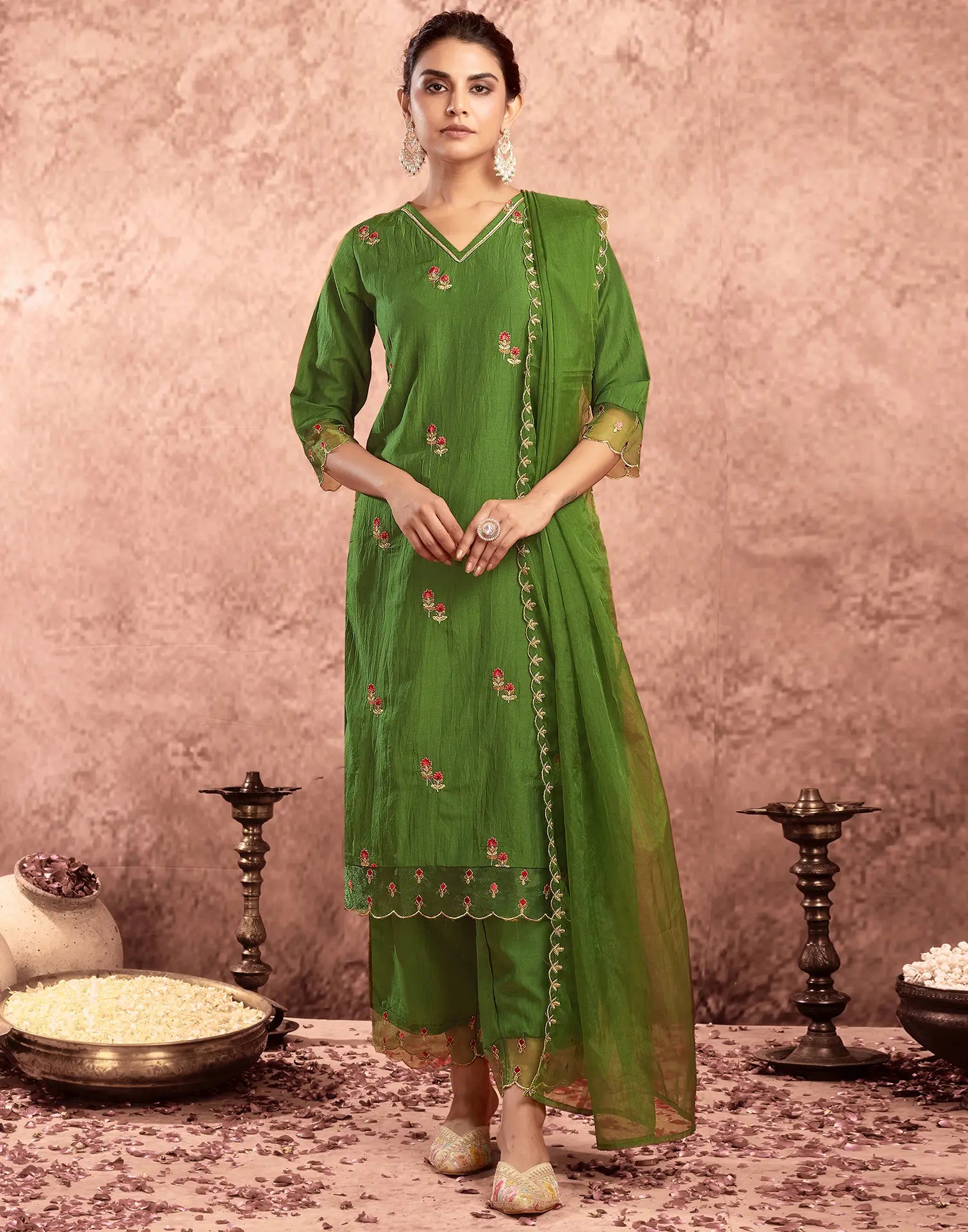 Poly Chinnon Embroidered Straight 3 Piece Kurta Set