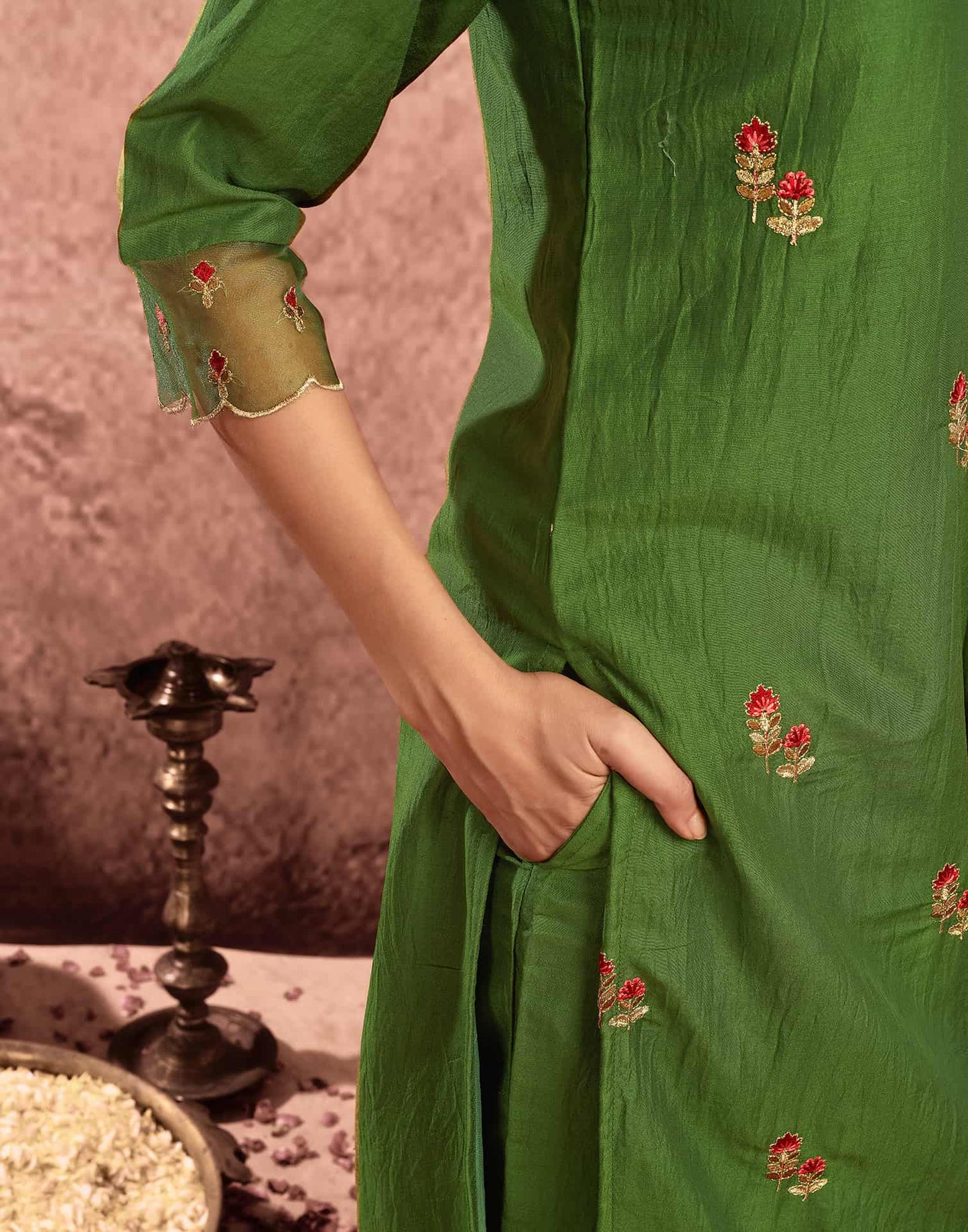 Silk Blend Embroidery and Lace Straight Kurta with Pant & Dupatta