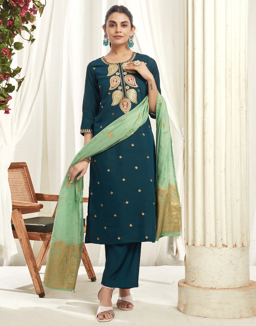 Silk Blend Embroidered Straight 3 Piece Kurta Set