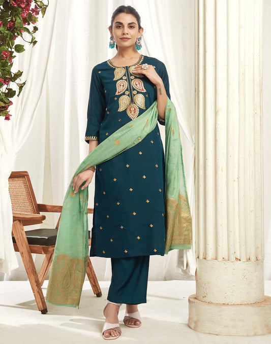 Silk Blend Embroidered Straight Kurta with Pant & Dupatta