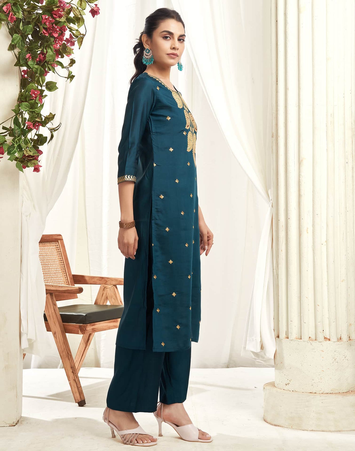 Silk Blend Embroidered Straight Kurta with Pant & Dupatta