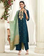 Silk Blend Embroidered Straight 3 Piece Kurta Set