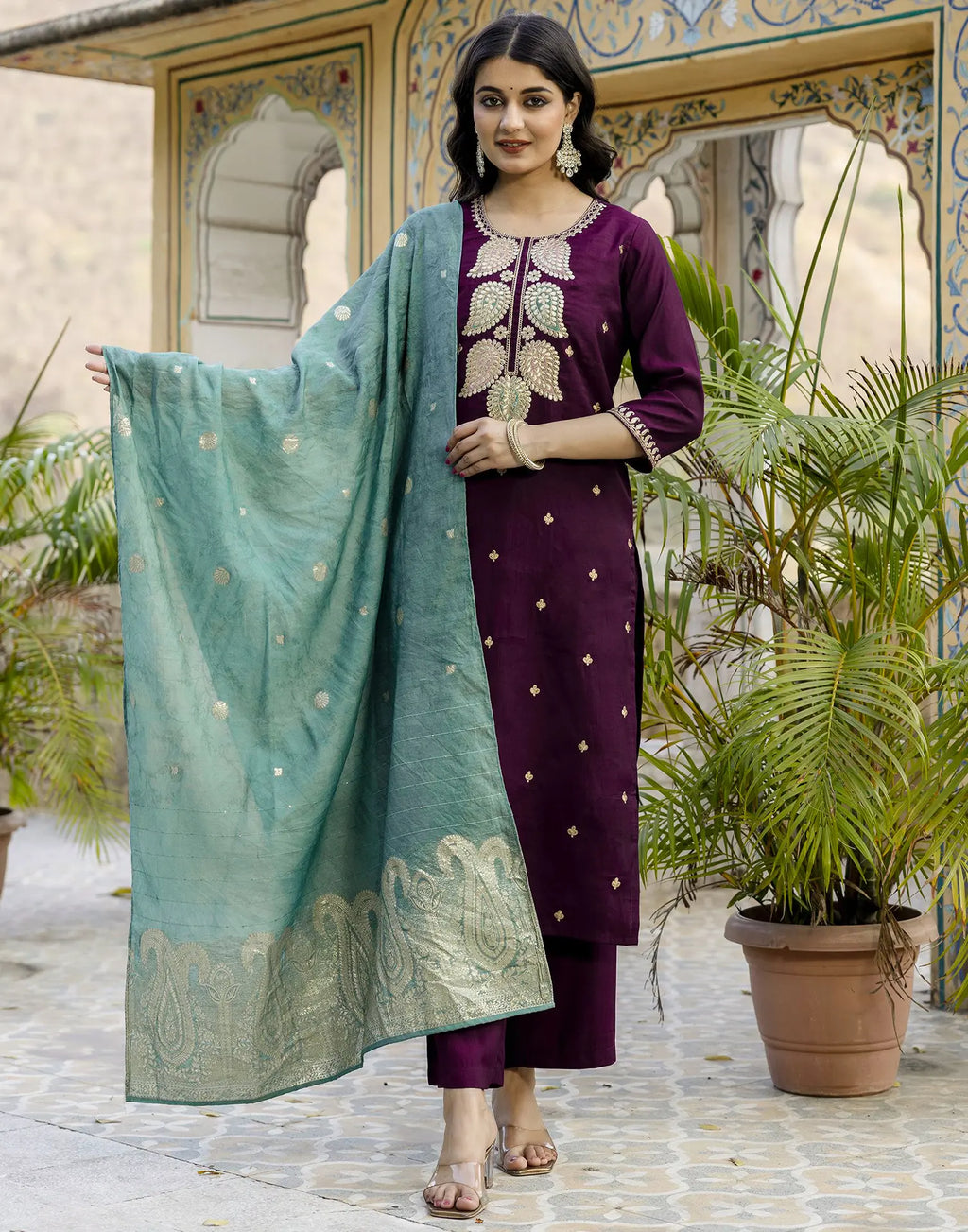 Silk Blend Embroidered Straight 3 Piece Kurta Set